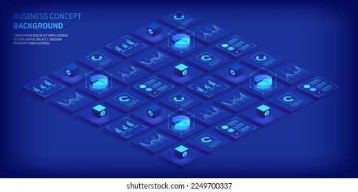 Business virtual concept. Digital technology world. Internet connection, abstract sense of science and technology graphic design background. Isometric vector illustration