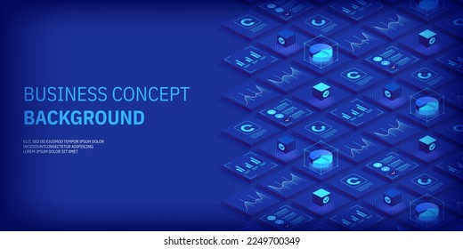 Business virtual concept. Digital technology world. Internet connection, abstract sense of science and technology graphic design background. Isometric vector illustration