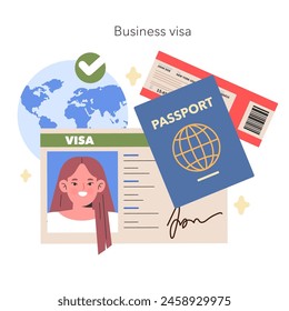 Business Visa concept Essential documents for international trade and negotiations, a visual for global connectivity and corporate mobility Vector illustration