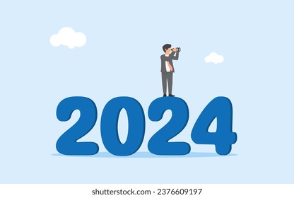 Business vision for 2024. Year review. Preparation to face new challenges in the new year.Forecast and future opportunities. businessman standing at the number 2024 while looking through binoculars