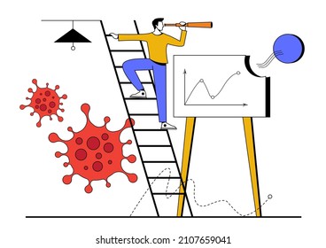 Business vision after Coronavirus COVID-19 pandemic causing financial crisis and economy recession concept. Businessman holding telescope on top of ladder