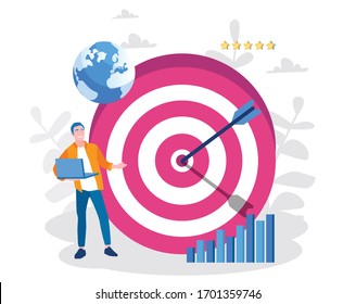 Business Vision, big target with businessman,  Quality Improvement Concept. Vector illustration. 