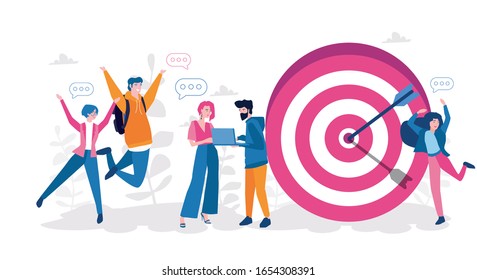 Business Vision, big target with happy people, teamwork, people run to their goal. Vector illustration for web, print, banner. move up motivation, target achievement, successful contract team work, 