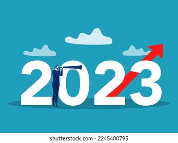 Business vision with binoculars for opportunities in spyglass 2023 the target futher  Visionary sees the future vector illustrator
