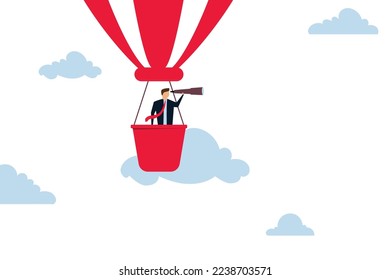 Business vision, businessman flying high in hot air balloon with telescope to see through company vision.