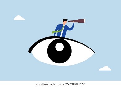 Business vision, businessman gazes through binoculars from his large eye. 