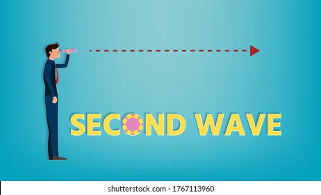 Business vision, businessman hold telescope and look forward above second wave lettering, cute character, pink cheek, rosy cheek, vector illustration for graphic design,website or business banner