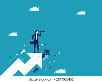 Business vision. Businessman holding a telescope standing on an arrow. vector