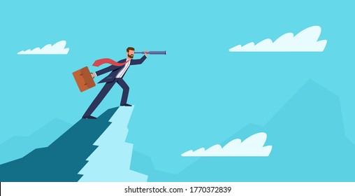 Business vision. Businessman on mountain peak with telescope. Success new idea, business startup, visionary forecast, leadership and ambition symbol, flat vector cartoon concept