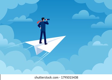 Business vision. Businessman on paper plane with telescope looking new idea. Future strategy, leader and success job, flat vector concept. Businessman vision, leadership plane motivation illustration