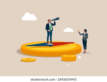 Business vision. Businessman standing on direction compass with coin. Financial strategy or business and stock market outlook. Modern vector illustration in flat style 
