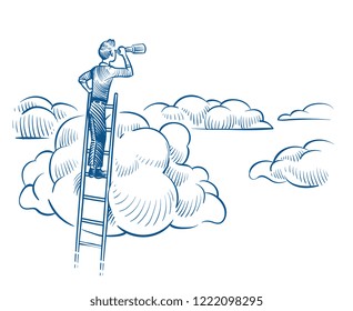 Business vision. Businessman with telescope standing on ladder among clouds. Successful future achievements sketch vector concept