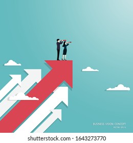 Business vision, Businessteam holding telescope standing on red arrow up go to success in career, Concept business, Achievement, Character, Leadership, Vector illustration flat