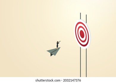 Business vision businesswoman on a paper plane with a telescope Look to goals, achievements, ambitions. vector illustration.