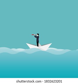 Business vision concept. Businessman character sailing on a paper boat with a telescope through the ocean. See into the future and goal. Vector illustration flat