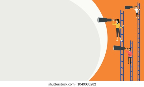 Business vision concept Businessman climb holding looking trough telescope forward standing on stair Future success competition goal Direction development Flat style info graphic Cartoon vector