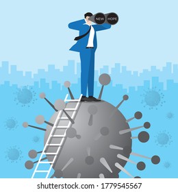 Business Vision concept. Businessman climb up the ladder standing over the virus COVID-19 coronavirus. Using binoculars for searching a new hope opportunity. Vector Illustration flat style.