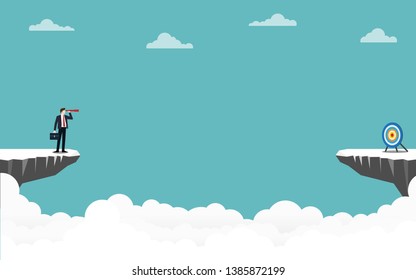 Business vision concept, Businessman holding a binocular standing on cliff looking go to target, Symbol of challenge, Goals, Success, Leadership, Vector illustration flat