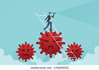 Business vision concept with businessman leader holding telescope on top of ladder above Coronavirus pathogen and Coronavirus COVID-19 pandemic causing financial crisis and economy recession. 