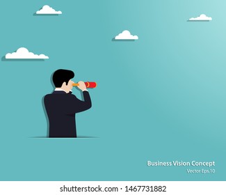 Business vision concept. Businessman looking through telescope on empty background. Achievement, Success, Leadership, Growth, Opportunity. Vector illustration flat