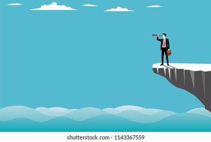 Business vision concept, Businessman standing on cliff in the sea. Businessman looking through binoculars and see successful. Illustration vector flat