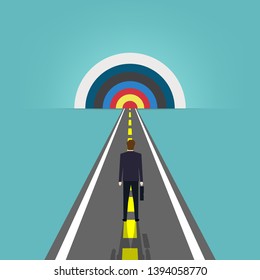 Business vision concept, Businessman standing on the road looking go to the target, Success, Vector illustration flat