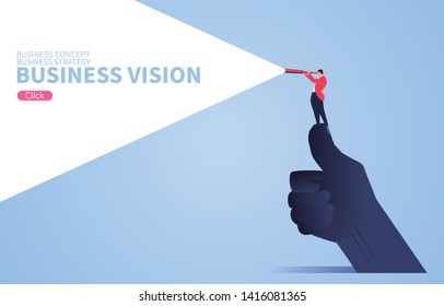 Business Vision Concept, Businessman Standing On Giant's Thumb Using Telescope To Look Into The Distance