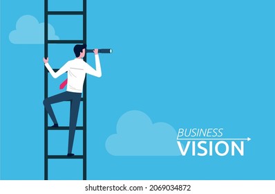 Business vision concept. Businessman standing on the ladder holding telescope looking  into a distance