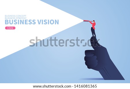 Business vision concept, businessman standing on giant's thumb using telescope to look into the distance