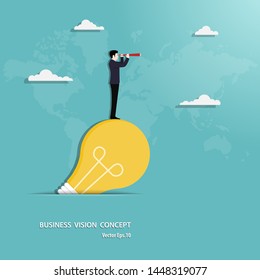 Business vision concept, Businessman with telescope standing on light bulb, Look at to the goal, Achievement, Ideas, Leadership, Vector illustration flat