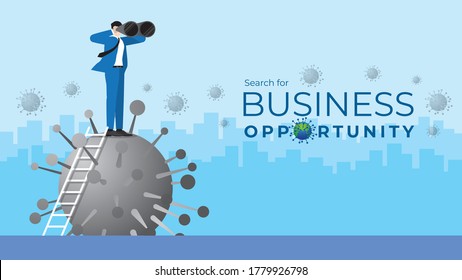 Business Vision concept. Businessman is using binoculars to search for business opportunity. Climb up the ladder standing over the virus, COVID-19 coronavirus. Vector Illustration flat style.