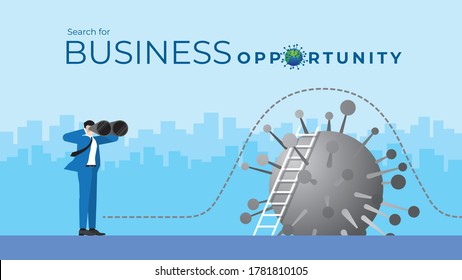 Business Vision concept. Businessman is using binoculars to search for business opportunity.  Finding the way to across the virus COVID-19 coronavirus. Vector Illustration flat style.