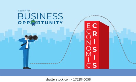 Business Vision concept. Businessman is using binoculars to search for business opportunity.  Finding the way to across the economic crisis from pandemic of virus COVID-19 coronavirus.