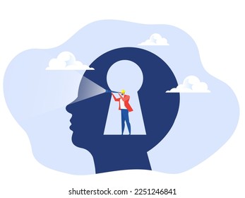 Business vision concept, businessman using telescope to look into the distance Self-discovery , Positive Psychology and Self Awareness