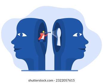 Business vision concept, businessman using telescope to look into the distance Self-discovery , Positive Psychology and Self Awareness