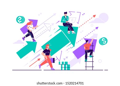 Business Vision. Concept Career Growth. Career, Start Up, Take-off On The Career Ladder. Flat Style Vector Illustration For Web Page, Social Media, Documents, Cards. People Sitting On Arrow And Up Go.