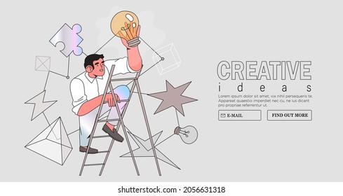 Business vision. Concept career growth. Career, start up, take-off on the career ladder. Vector illustration for web landing page, social media. Businessman steps onto ladder and turn on light bulb.