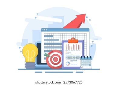 Business vision concept. Finding and realizing the company's mission. Economic research and forecast visualization. Modern flat style, mobile application. Flat illustration.