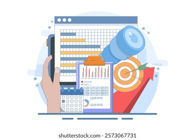 Business vision concept. Finding and realizing the company's mission. Economic research and forecast visualization. Modern flat style, mobile application. Flat illustration.