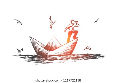 Business vision concept. Hand drawn businessman with a spyglass standing on paper boat and looking forward isolated vector illustration.