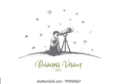 Business vision concept. Hand drawn looking for success via telescope monocular. Businessman searching for new idea isolated vector illustration.