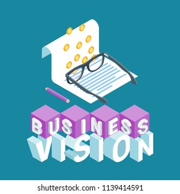 Business vision concept. Image of a business contract and glasses. Highly detailed vector illustration of isometric objects
