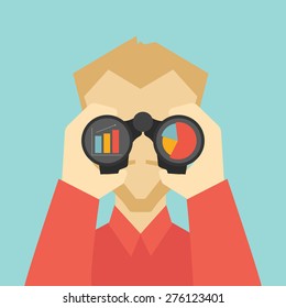 Business Vision Concept. Man Looking Through Binoculars And See Charts