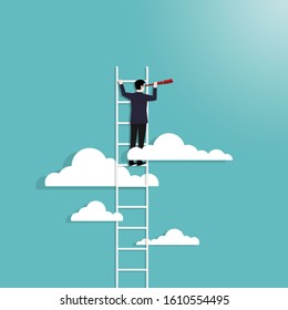 Business vision concept with business man standing on top of ladder above clouds. Symbol of new opportunities, Career, Visionary, Success, Achieve. Vector illustration flat