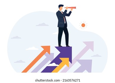 Business vision concept. A man standing on arrow and looking for future plans for success . Vector illustration.