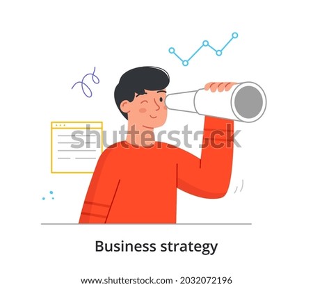 Business vision concept. Man with telescope looking for new development strategies and looks to future. Metaphor for achieving goals. Cartoon flat vector illustration isolated on white background