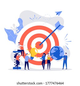 Business vision concept. People run to their goal with big target, teamwork, move up motivation, target achievement, successful contract teamwork. Modern illustration in flat style for landing page.