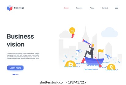 Business vision concept vector illustration. Cartoon businessman leader character sitting in boat, watching in telescope spyglass, searching for new success goals, business opportunity landing page