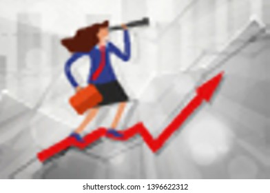 business vision concept. young manager with telescope and case on growing steps arrow with business statistics chart showing various visualization graphs on background