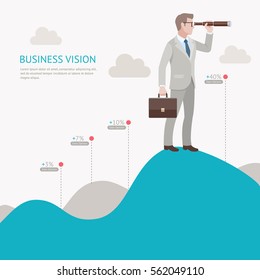 Business vision concepts. Businessman looking through binoculars standing on a mountain graph. Vector illustration.